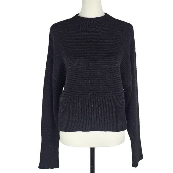 Y2K Express Cropped Sparkly Sweater Sz M Mock Neck Black Silver Chunky Relaxed - Picture 1 of 6